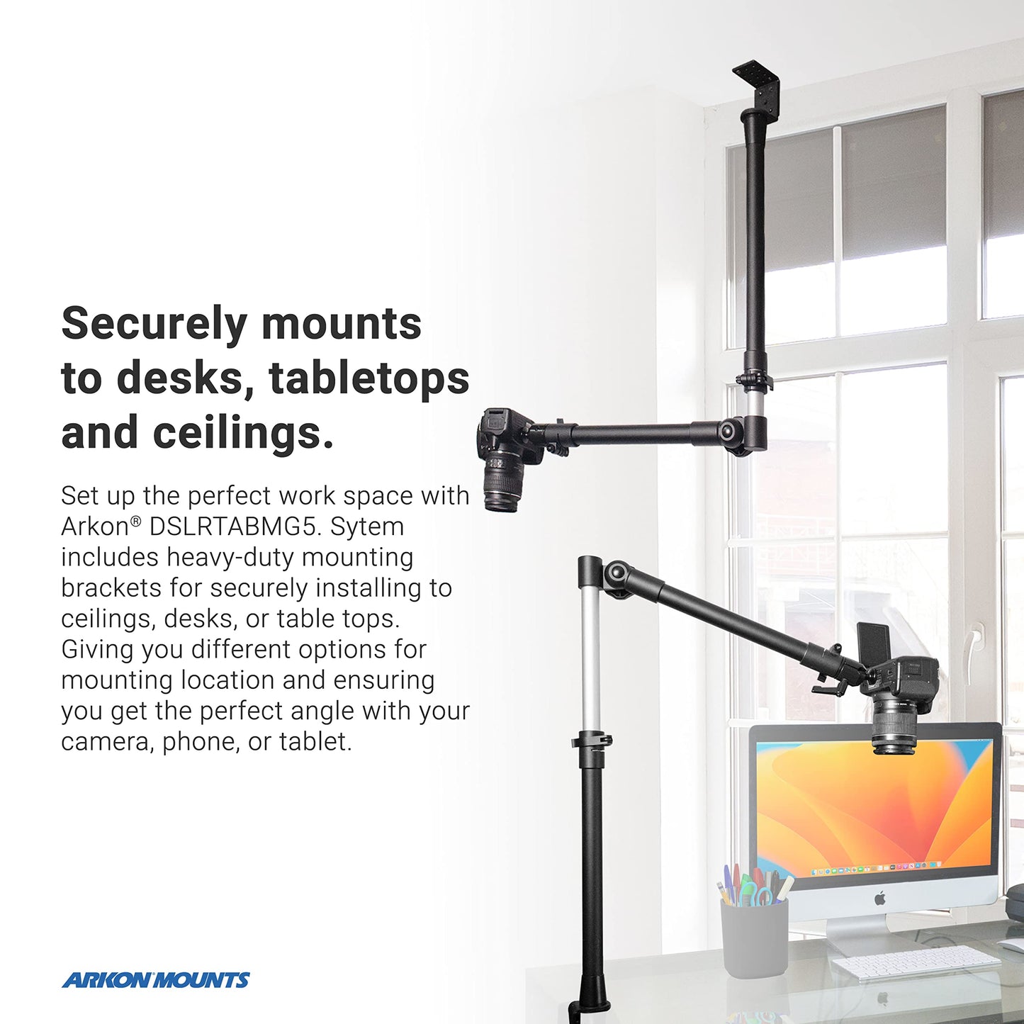 ARKON Mounts Overhead Camera Mount | Includes Ceiling Mount Bracket, Phone Holder, Tablet Holder, & Camera Mount | 360° Adjustable | Durable & Super