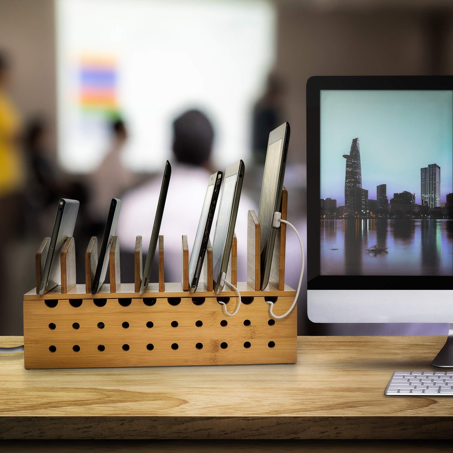 Prosumer's Choice Multi Device Charging Station - Bamboo Charging Dock and Cord Organizer for 10 Devices - Bamboo Desk Organizer Rack with Cable Box