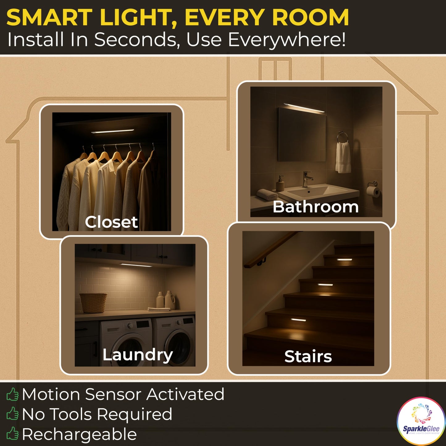 SparkleGlee 15" Rechargeable Under Cabinet Lighting 2 Pack - Motion Sensor, Dimmable LED, 3 Color Temps, 2200mAh Battery, Magnetic Mount Lights