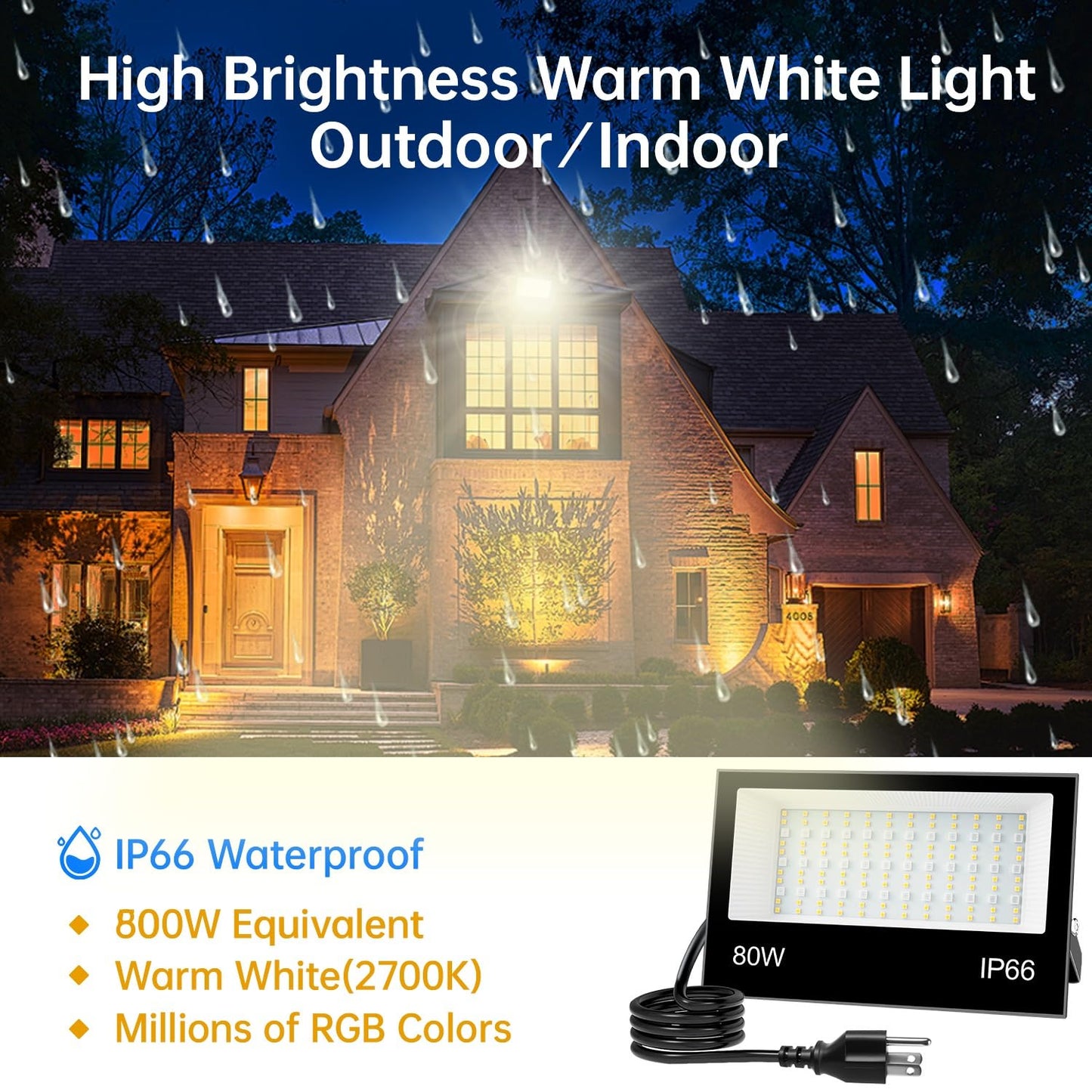 Remon LED Flood Light Outdoor 800W Equivalent 8000LM Smart RGB Landscape Lighting with APP Control, DIY Scenes - Timing - Warm White 2700K - Color