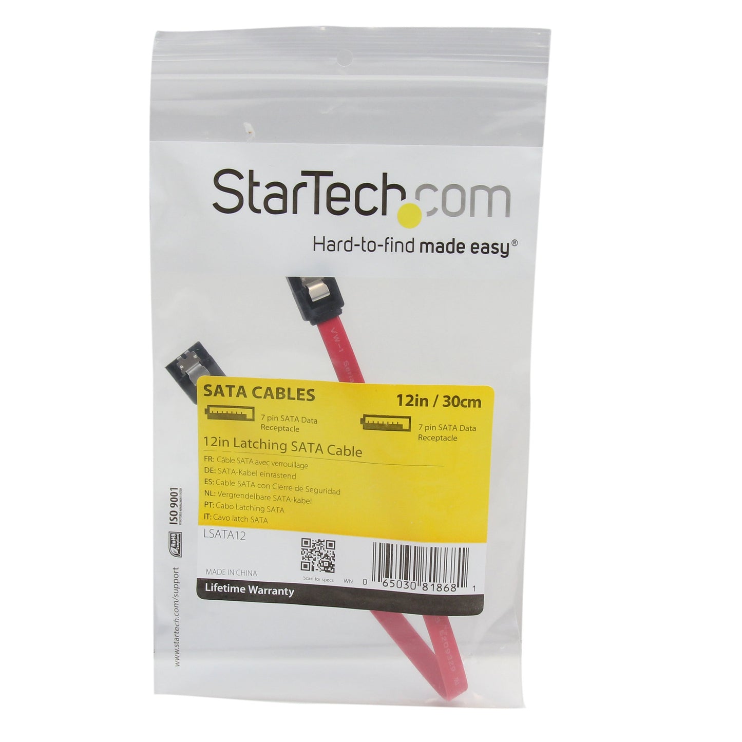 StarTech.com 12in Latching SATA Cable - SATA cable - Serial ATA 150/300/600 - SATA (R) to SATA (R) - 1 ft - latched - red - LSATA12