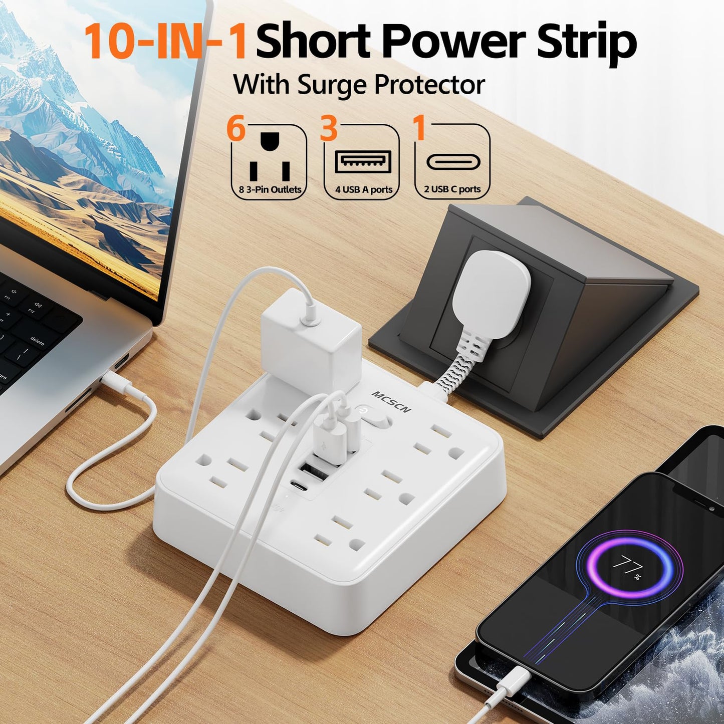MCSCN Portable Slim Flat Plug Surge Overload Protector Power Strip Wall Outlet with 6 AC Power Outlets 4 USB(1C) for Home Office Dorm Travel