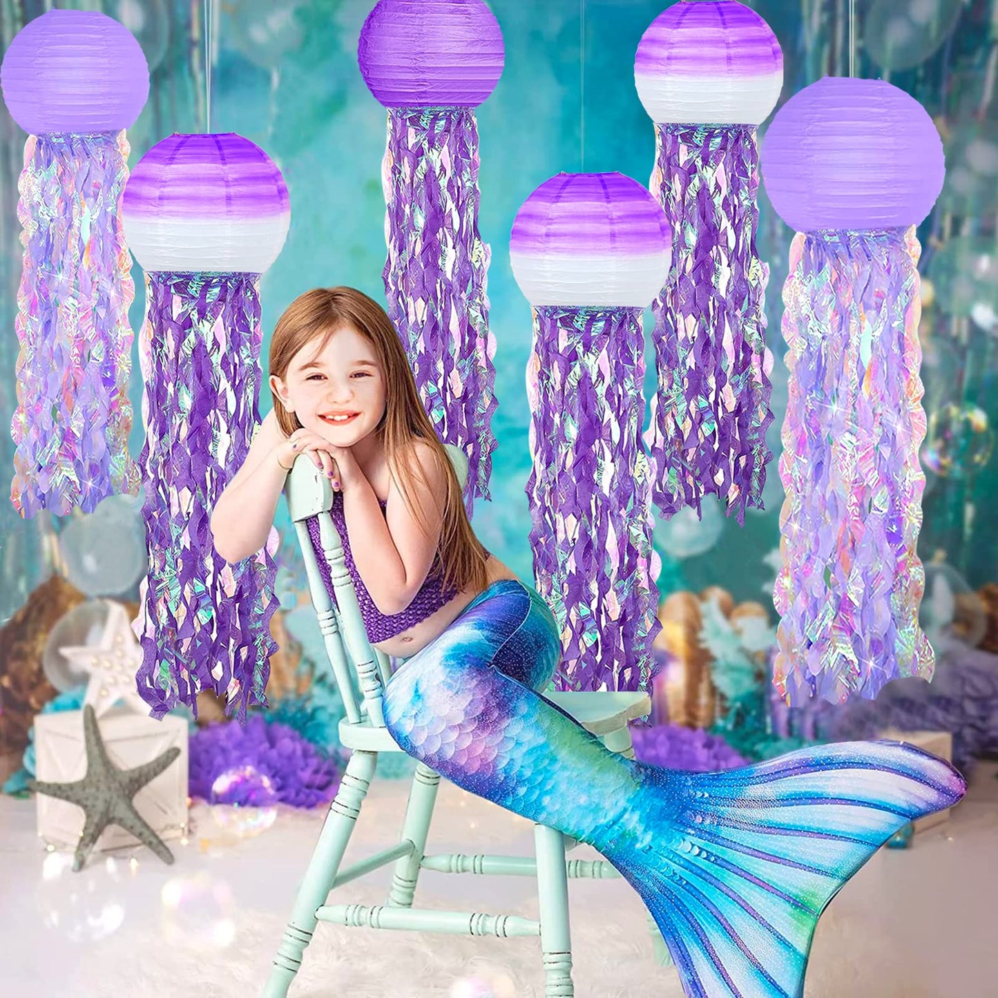 6 Packs Jellyfish Paper Lanterns Hanging Mermaid Wishes Lantern Gradient Purple Lavender Purple Ocean Theme Party Supplies Great for Kids Birthday