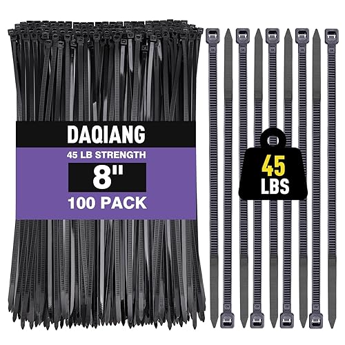 Black 8 Inch Zip Ties (100 Pack), 45LBS Tensile Strength, UV Resistant Nylon Cable Ties for Indoor & Outdoor Cable Management. Self-Locking Wire