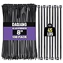 Black 8 Inch Zip Ties (100 Pack), 45LBS Tensile Strength, UV Resistant Nylon Cable Ties for Indoor & Outdoor Cable Management. Self-Locking Wire