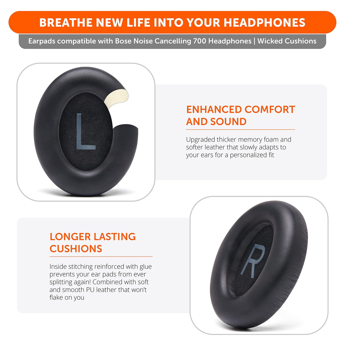 WC Wicked Cushions Upgraded Replacement Ear Pads for Bose 700 Noise Cancelling Headphones (NC700) - Softer PU Leather, Luxurious Memory Foam, Added