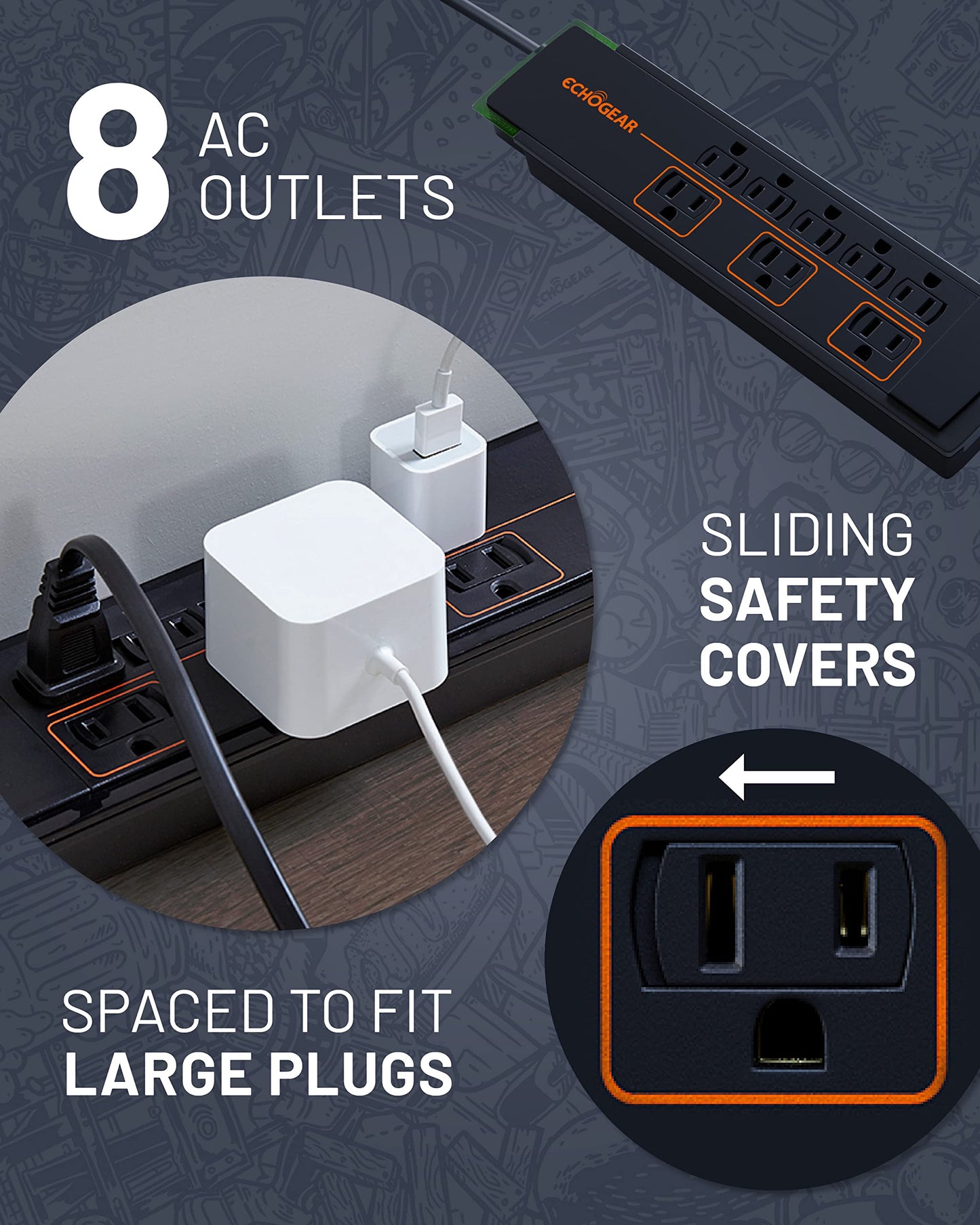 ECHOGEAR ShockBlocker 8 Outlet Surge Protector Power Strip - Slim Design Can Power & Protect Your Entire TV, Office, Or Gaming Setup - Advanced Surge