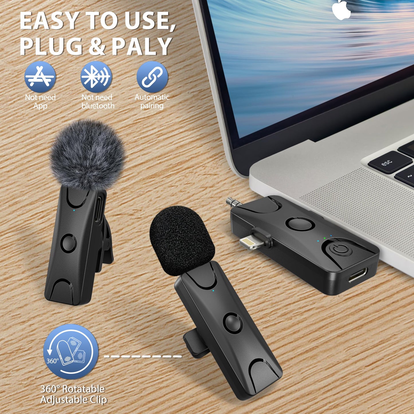 Wireless Lavalier Microphone for iPhone Android: Mini Lapel Mic with Intelligent Noise Cancelling, 48kHz/16bit, 100ft Range, for Camera, PC, Laptop