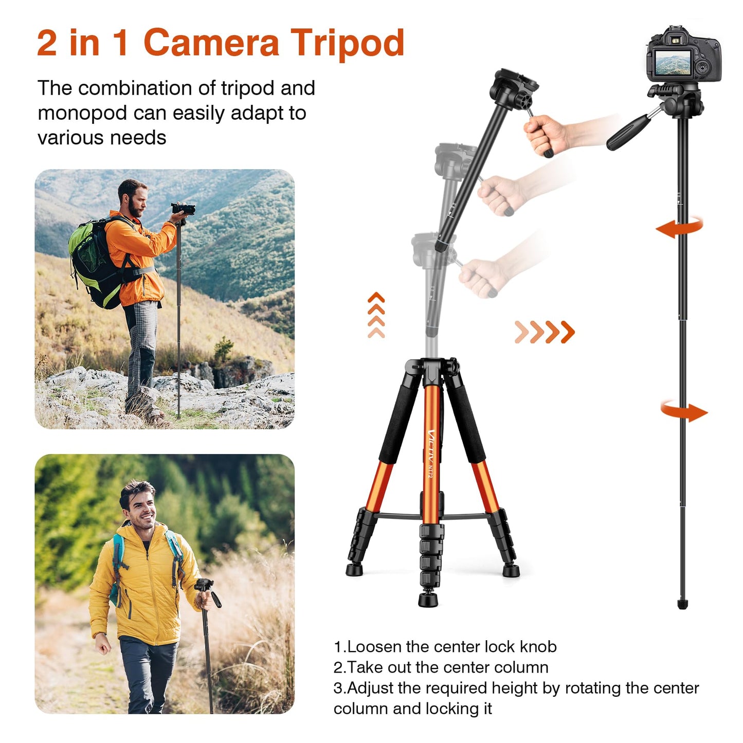 Tripod for Camera, 72" Tall Camera Tripod & Monopod with Remote, Professional Heavy Duty Compact Camera Stand for Phone, DSLR, Spotting Scope