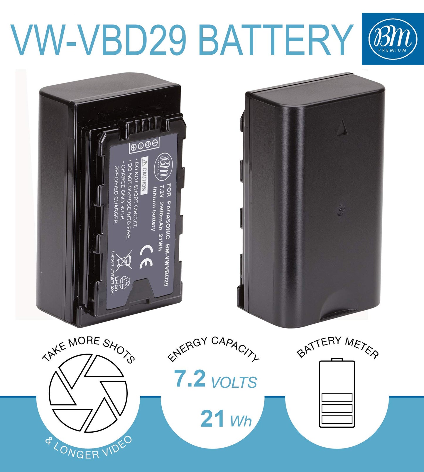 BM Premium 2 Pack of VW-VBD29 Batteries and Charger for Panasonic AG-3DA1 AG-AC8 AG-DVC30 AG-DVX200MC AG-HPX171 AG-HPX250 AG-HPX255 AG-HVX201