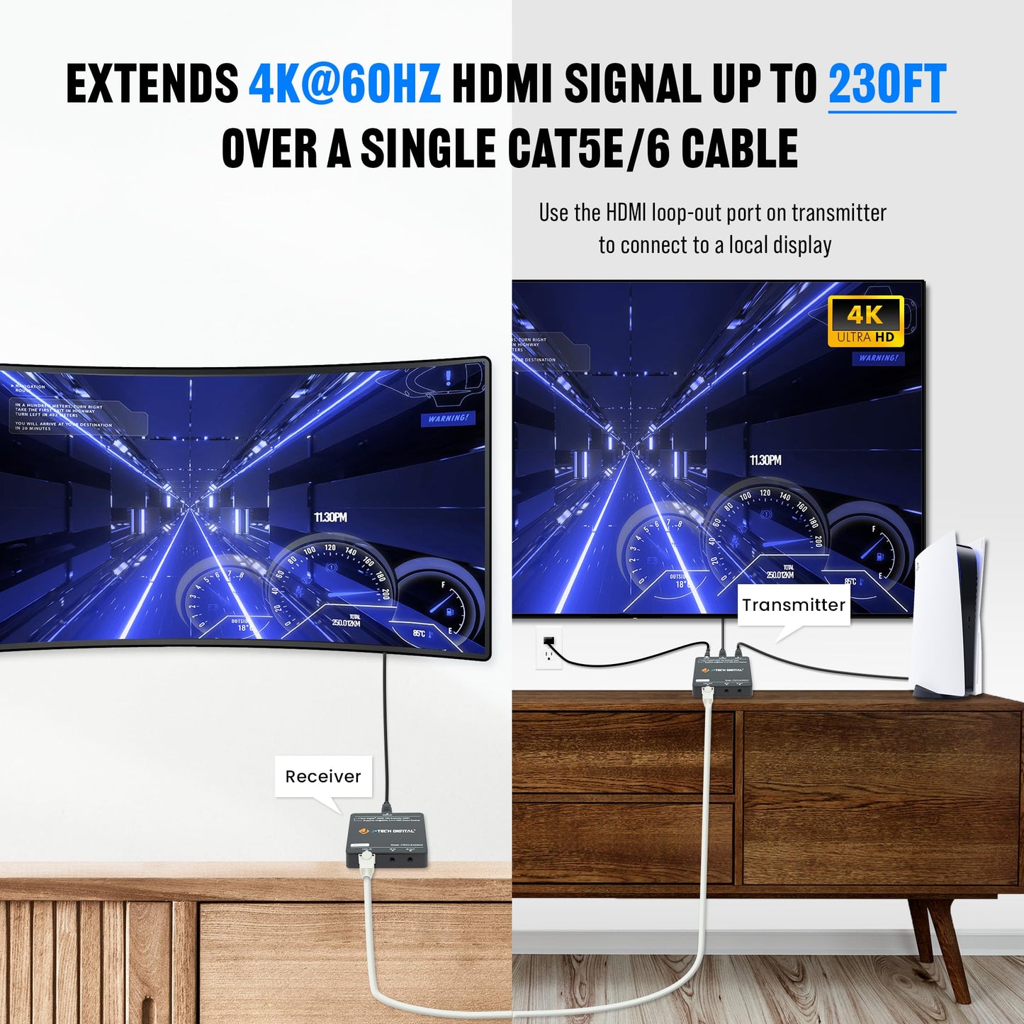 HDMI Extender 4K 60Hz Over Cat5e/6 Ethernet Cable Up to 230ft. Supports 4K Downscale HDMI Loop Out PoC HDR Bi-Directional IR by J-Tech Digital