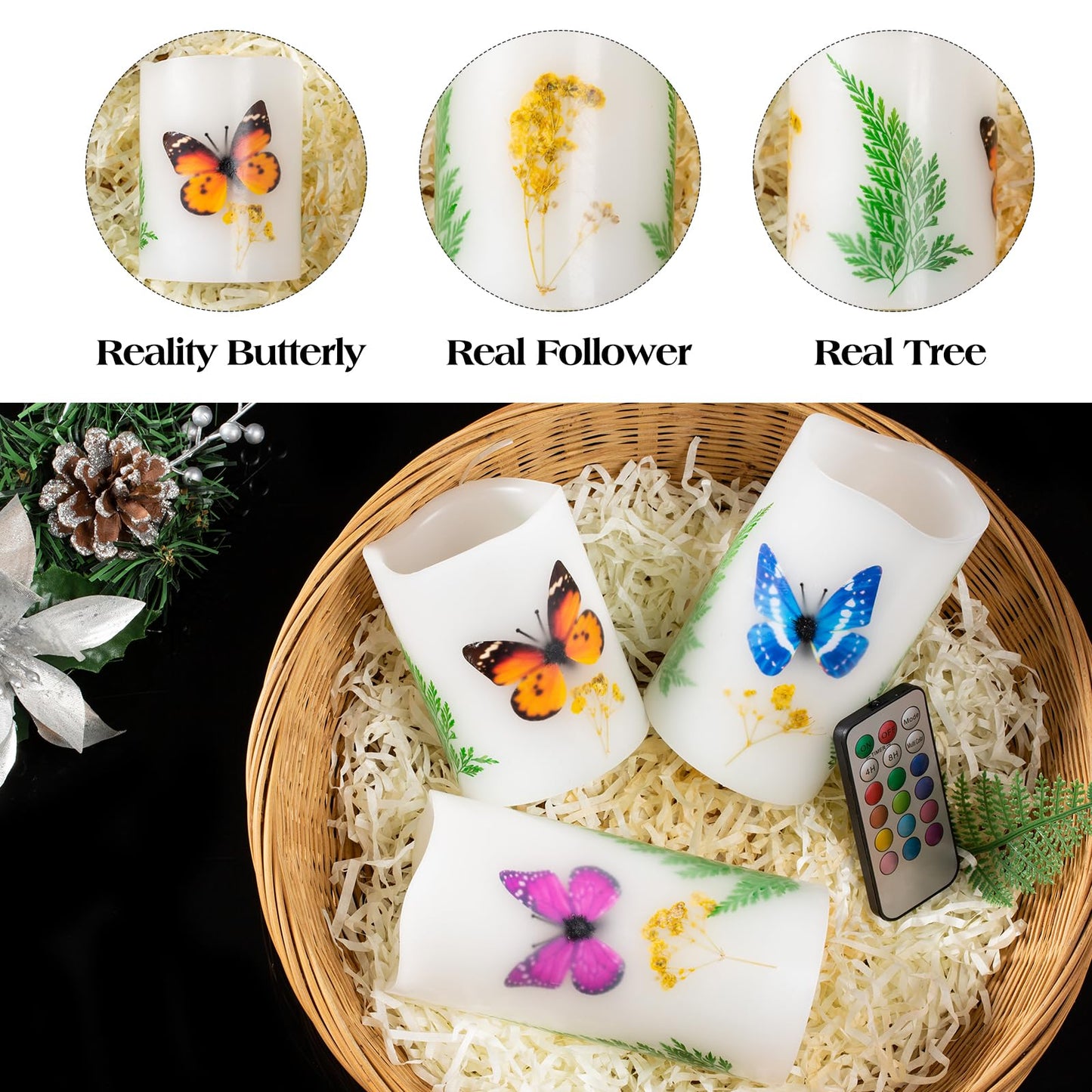 UNIVELA Candles Set of 3 Flameless 4" 5" 6" Unscented Tealight Butterfly Flower Plants Decor Real Wax Pillar Candle LED Lights 12 Color Changing 4H 8H