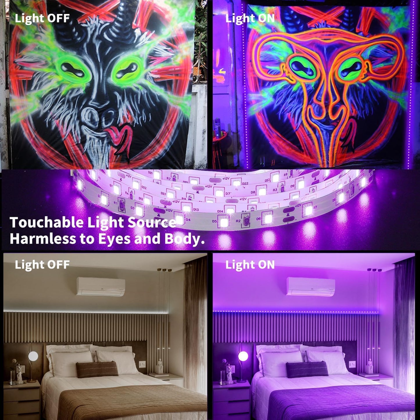PIZHLO 50 Foot Black Light Strips & Remote, Dimmable Flexible Blackights Strip Lights for Glow Party Body Paint Birthday Bedroom Room Fluorescent