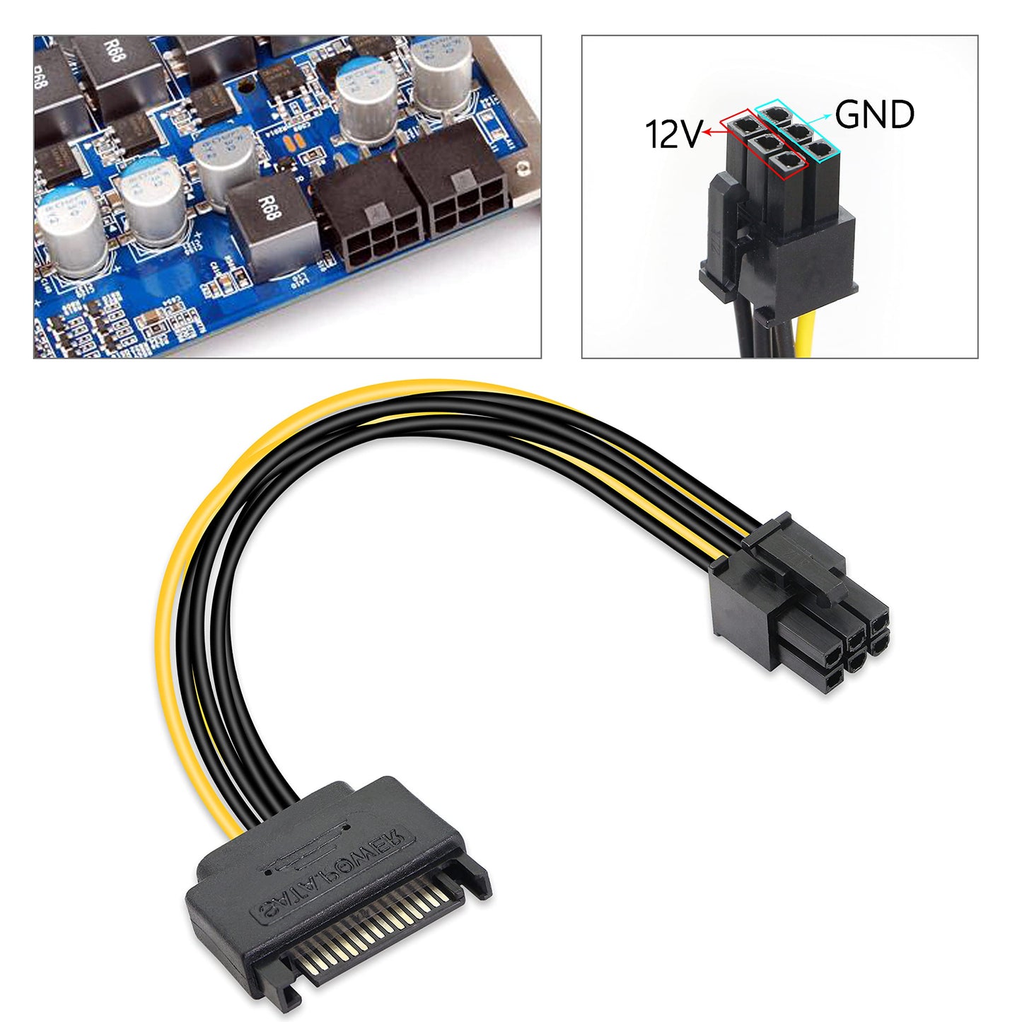 GELRHONR SATA to 6 Pin PCIe Power Cable,Sata 15 Pin Male to 6 Pin PCI Express Graphics Video Card Power Cable for Host and Graphics Card-8inch(2PCS)