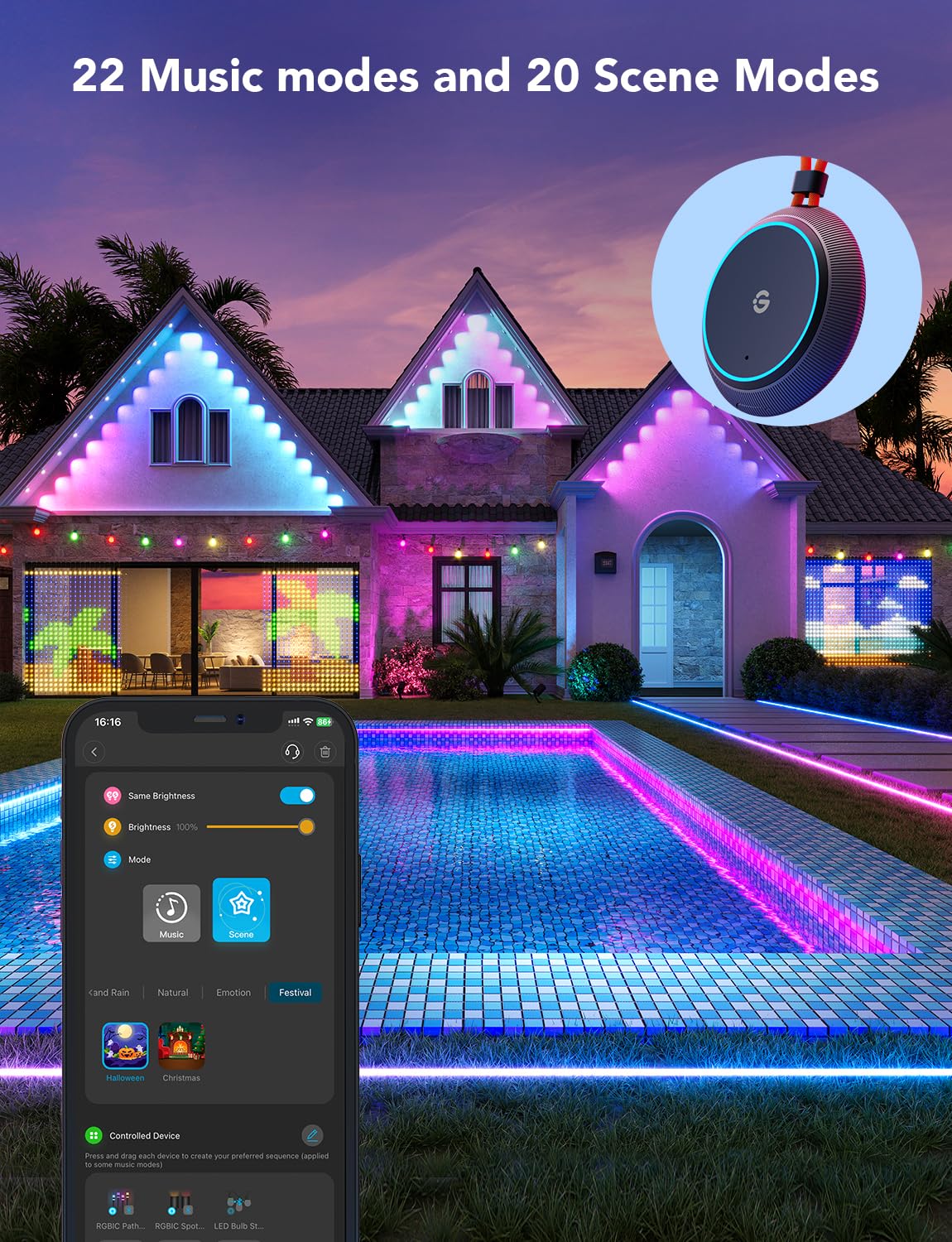 Govee Outdoor Light Show Box, 22 Music Modes and 20 Scene Modes, Bluetooth Smart Group Control 10 Devices, IP65 Waterproof, Battery Powered, USB
