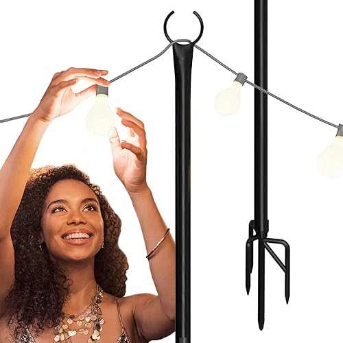 Holiday Styling String Light Poles for Outdoor String Lights - Metal Light Pole w/Hooks for Outdoor String Lighting - Patio Light Accessories Ideal