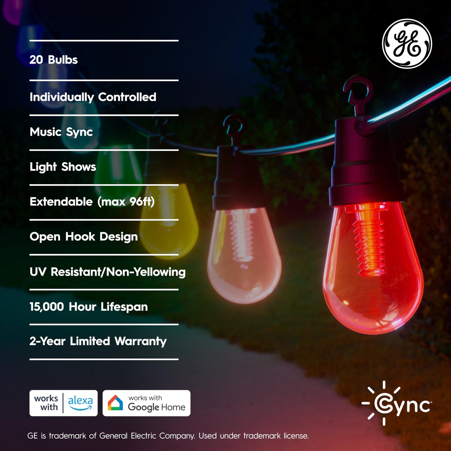 GE Cync Dynamic Effects Smart Cafe Lights, Color Changing Patio String Lights, Compatible with Alexa and Google, 48ft