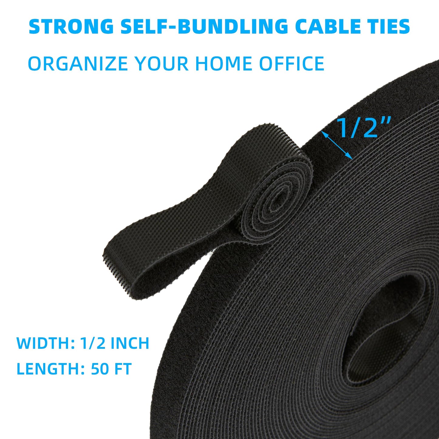 NBTORCH 50 ft x 1/2 inch Hook and Loop Roll, Reusable Fastening Cable Ties, Multi-Purpose Cable Management Wire Ties Cable Straps for Organizing Home