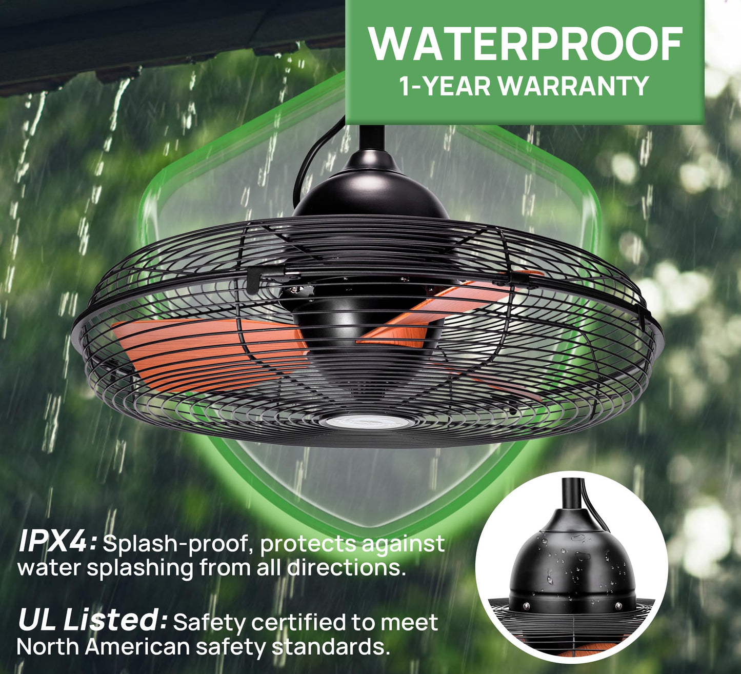 Outdoor Ceiling Fan for Patios, 20 Inch Gazebo Fan Waterproof Remote&Cord Control, 3 Speed, Low Noise, Plug in Ceiling Fan for Pergola, Porch, Gazebo