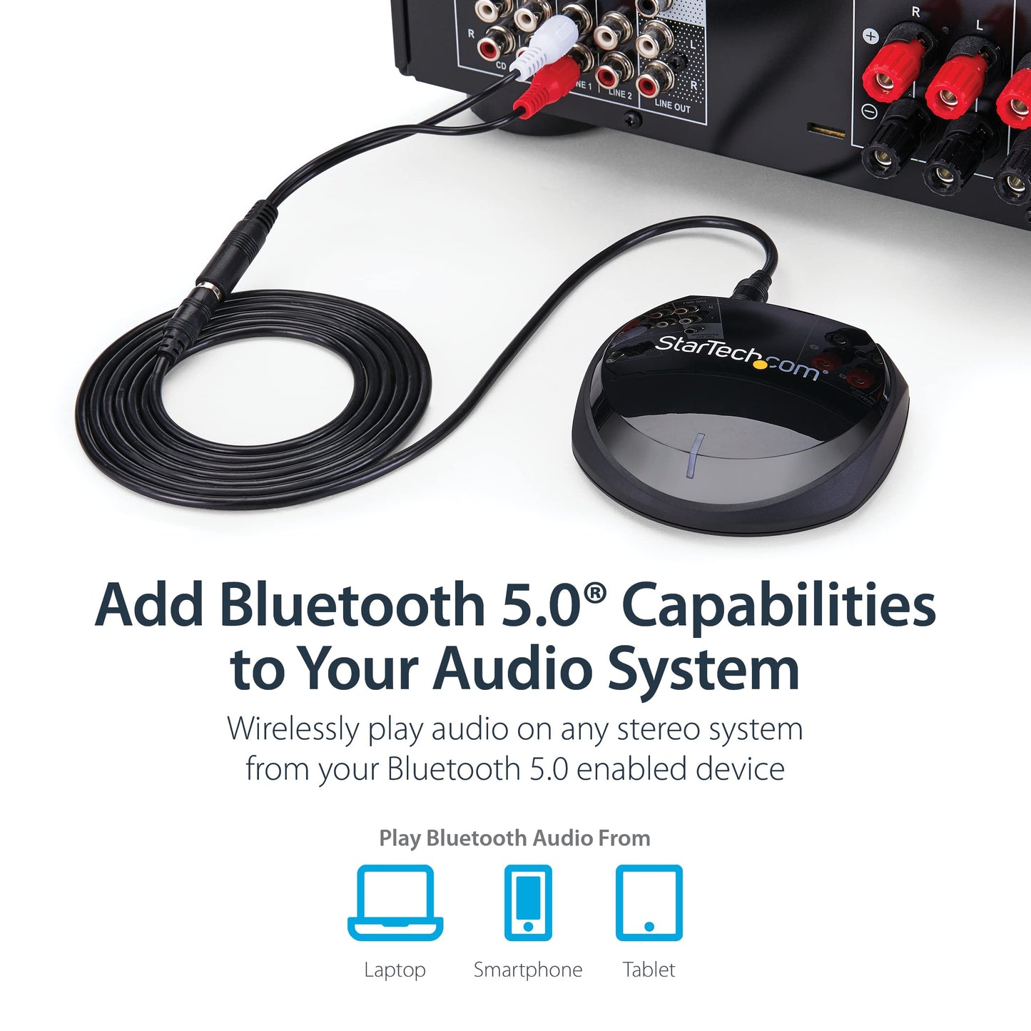StarTech.com Bluetooth 5.0 Audio Receiver with NFC - Bluetooth Wireless Audio Adapter BT 5.0-66ft (20m) Range - 3.5mm/RCA or Digital Toslink/SPDIF