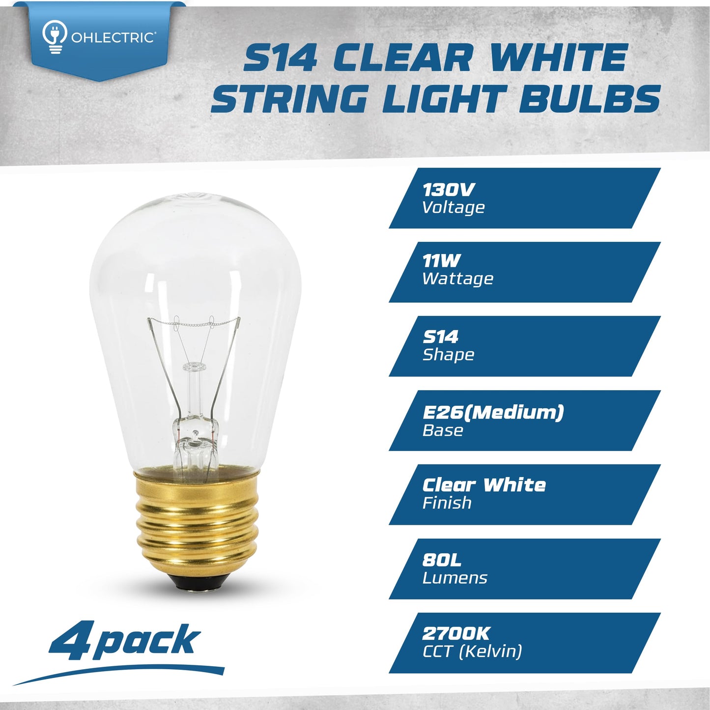 OHLECTRIC S14 Clear White String Light Bulbs with E26 Base | 11W Dimmable Colored Bulbs | 130V Sign Light Bulbs, Suitable for String Light | 4-Pack