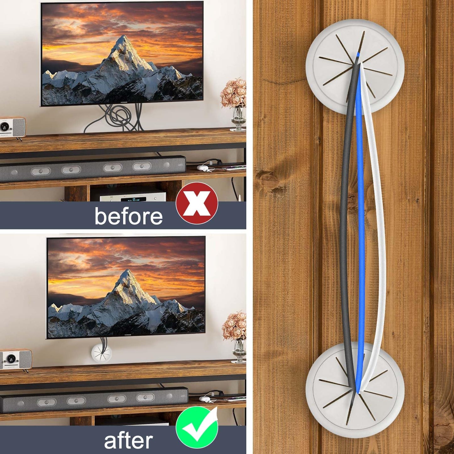 6Pcs TV Cord Hider for Wall Mounted TV 2.36in (60mm) TV Wire Hider Cable Grommet Cable Hole Cover with Hole Saw Drill Attachment, in Wall Cable