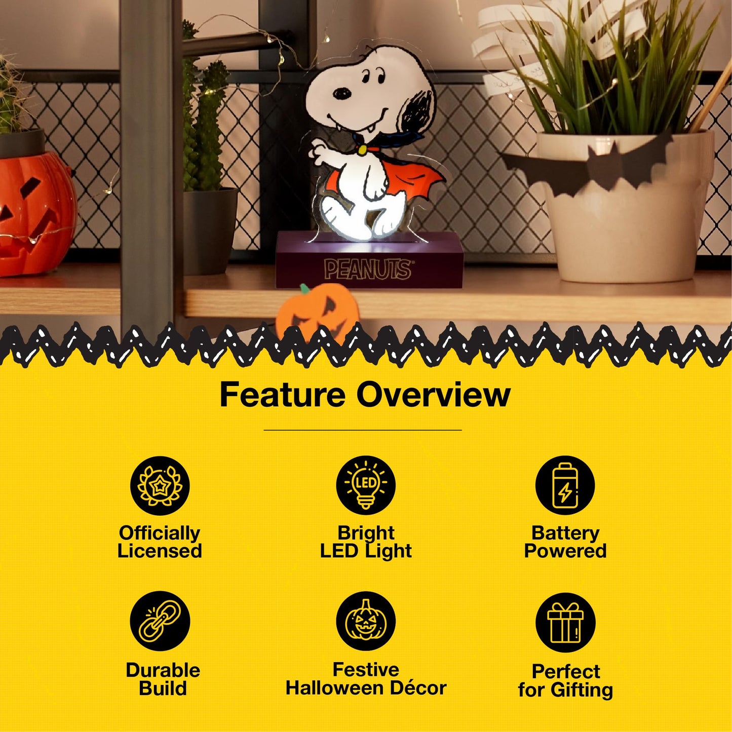 Mark Feldstein, Peanuts Dracula Snoopy LED Illuminated Halloween Tabletop Light Figurine, 6 Inch
