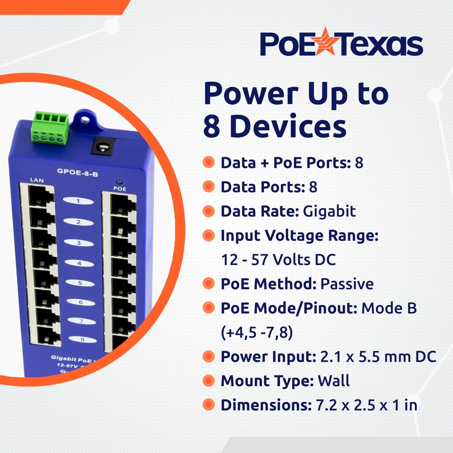 PoE Texas GPOE-8B - 8 Port Gigabit Passive Mode B Power Over Ethernet Injector for Ubiquiti, Mikrotik & More - Add PoE to Non-PoE Switch - 24v, 48v or
