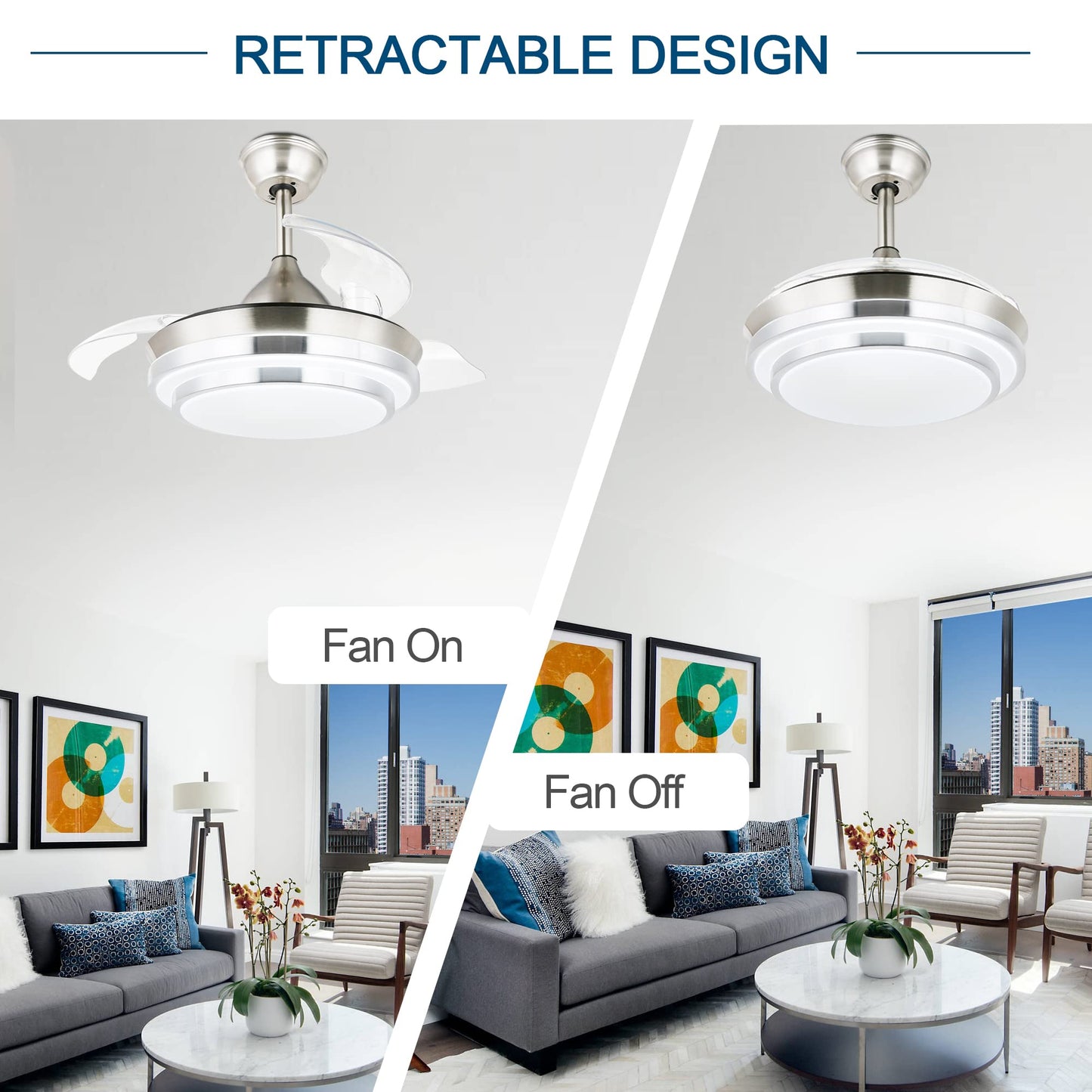 36" Retractable Ceiling Fans with Lights for Bedroom Living Room