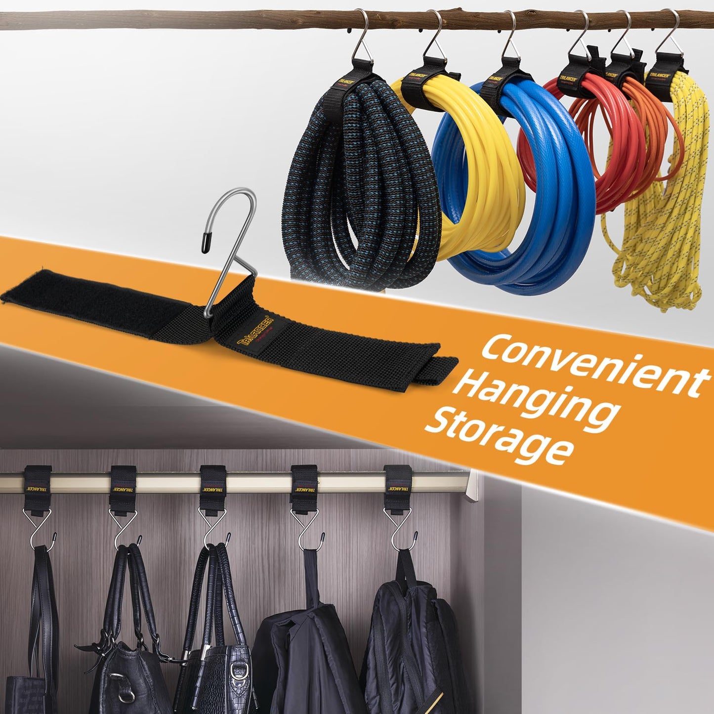 Extension Cord Organizer and Hanger (6-Pack), Trilancer Hook-and-Loop Storage Straps with Metal Hook to Hang on Walls for Cables, Wires, Rope, Hoses
