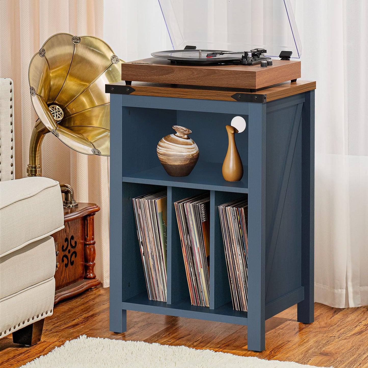 Joaxswe Record Player Stand with Vinyl Record Storage,Navy Blue Record Player Table Holds up to 160 Albums,Large Wood Turntable Stand Cabinet Dispaly