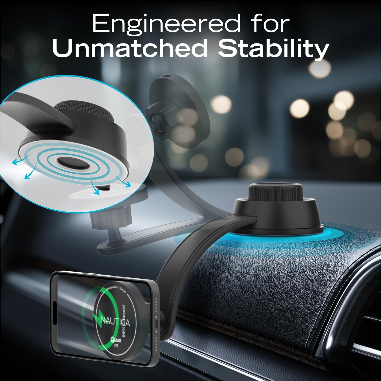 Nautica Turan QMAG Lite Wireless Magnetic Car Charger 15W, Universal Fast Charging Phone Mount, Dashboard & Vent Mount, 360° Rotation for iPhone 17
