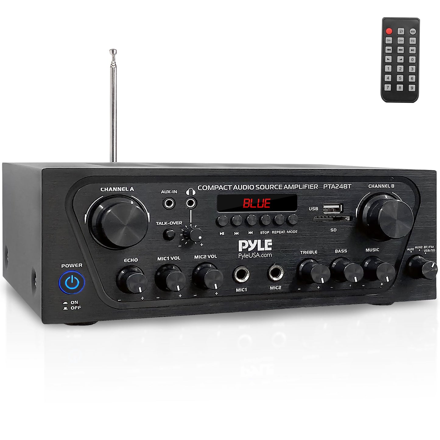 Pyle 2-Channel Bluetooth Home Stereo Amplifier - 250W Wireless Audio Receiver, Karaoke Optimized: Dual Mic In with Echo, Mic Talk-Over, FM Radio
