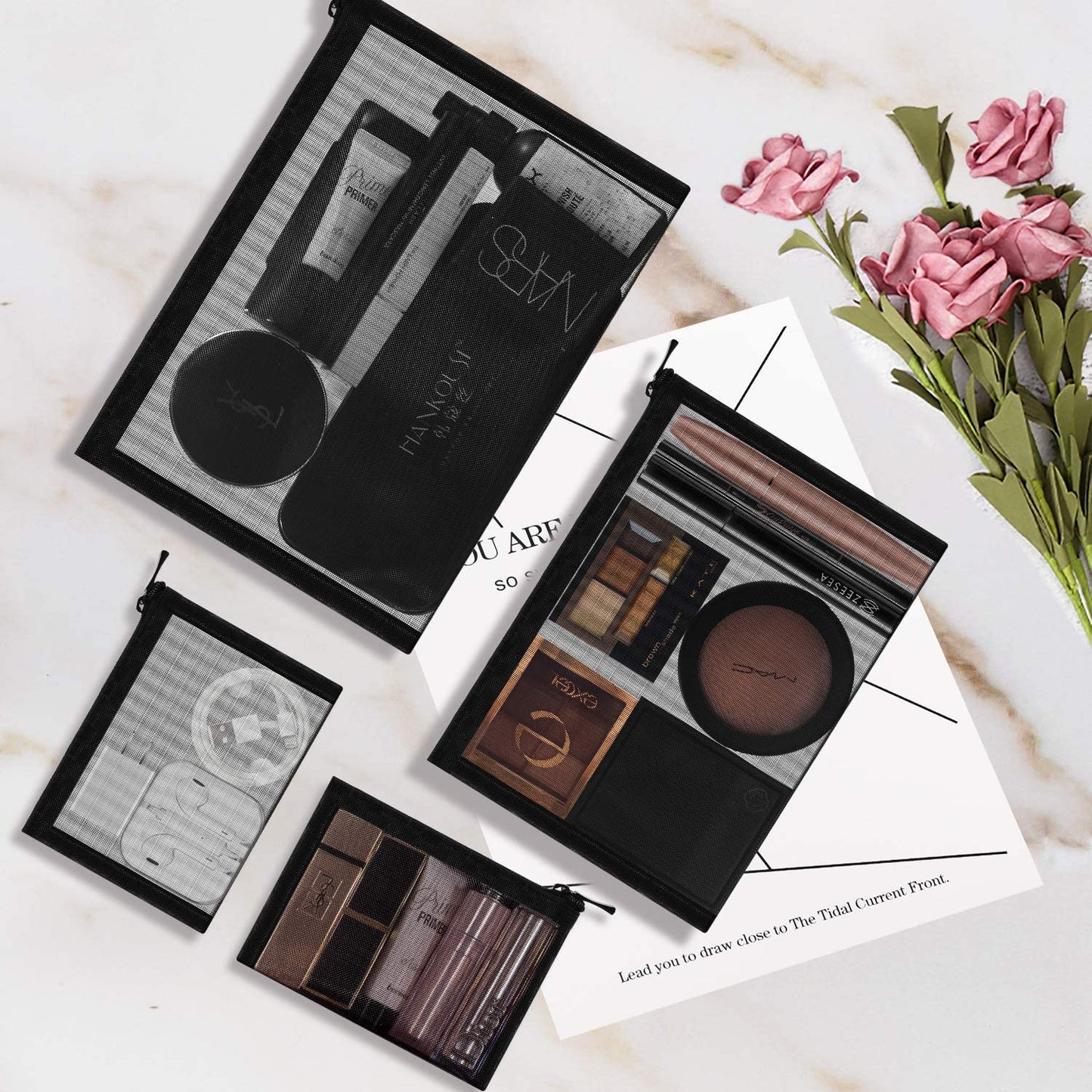 EASYFUN 4PCS Mesh Makeup Pouch – Zipper Cosmetic Organizer Bags for Women, Travel Toiletry Pouches for Small Items, Black Set