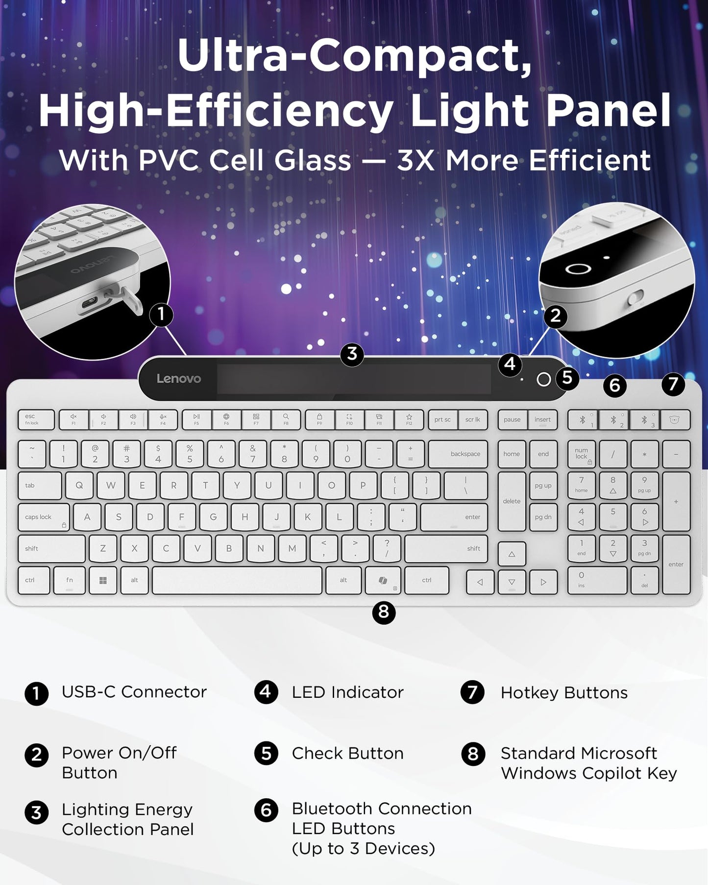 Lenovo 800 Self-Charging Bluetooth Keyboard, Uses Ambient Light for Charging, Bluetooth 5.1, Supports 3 Devices, Battery Free, Wireless, White