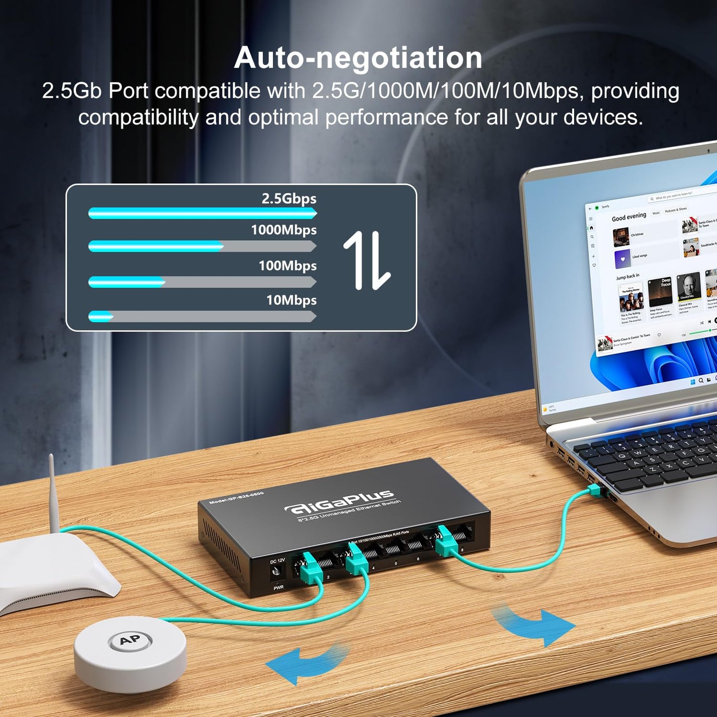 8 Port 2.5Gb Unmanaged Ethernet Switch with 8* 2.5G Base-T Ports. GiGaPlus 2.5Gbps Network Switch for 2.5Gbps NAS/PC, WiFi6 Router, Wireless AP