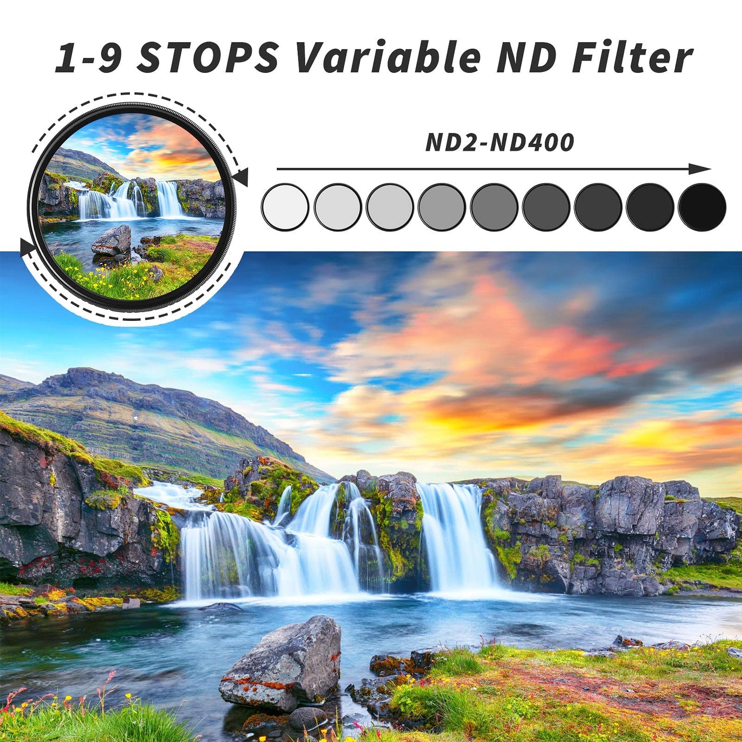 GREEN.L 82mm Variable ND Filter, Ultra Slim ND2 to ND400 (1-9 Stops) Adjustable Neutral Density Filter for Camera Lens
