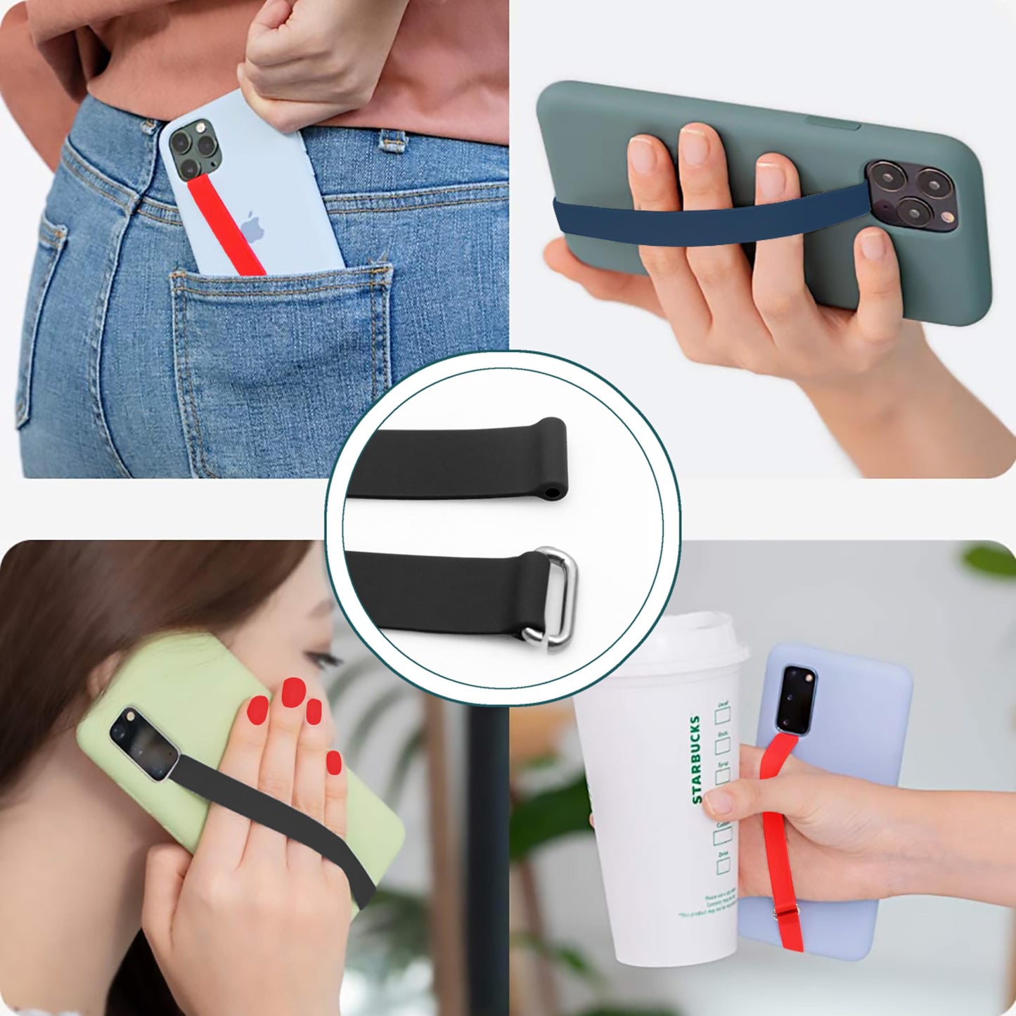 Bilymate Reusable Silicone Phone Grip Strap (3 Pack)-Wireless Charging Compatible, Detachable Loop Holder for iPhone & Android Cases - Black+Blue+Red