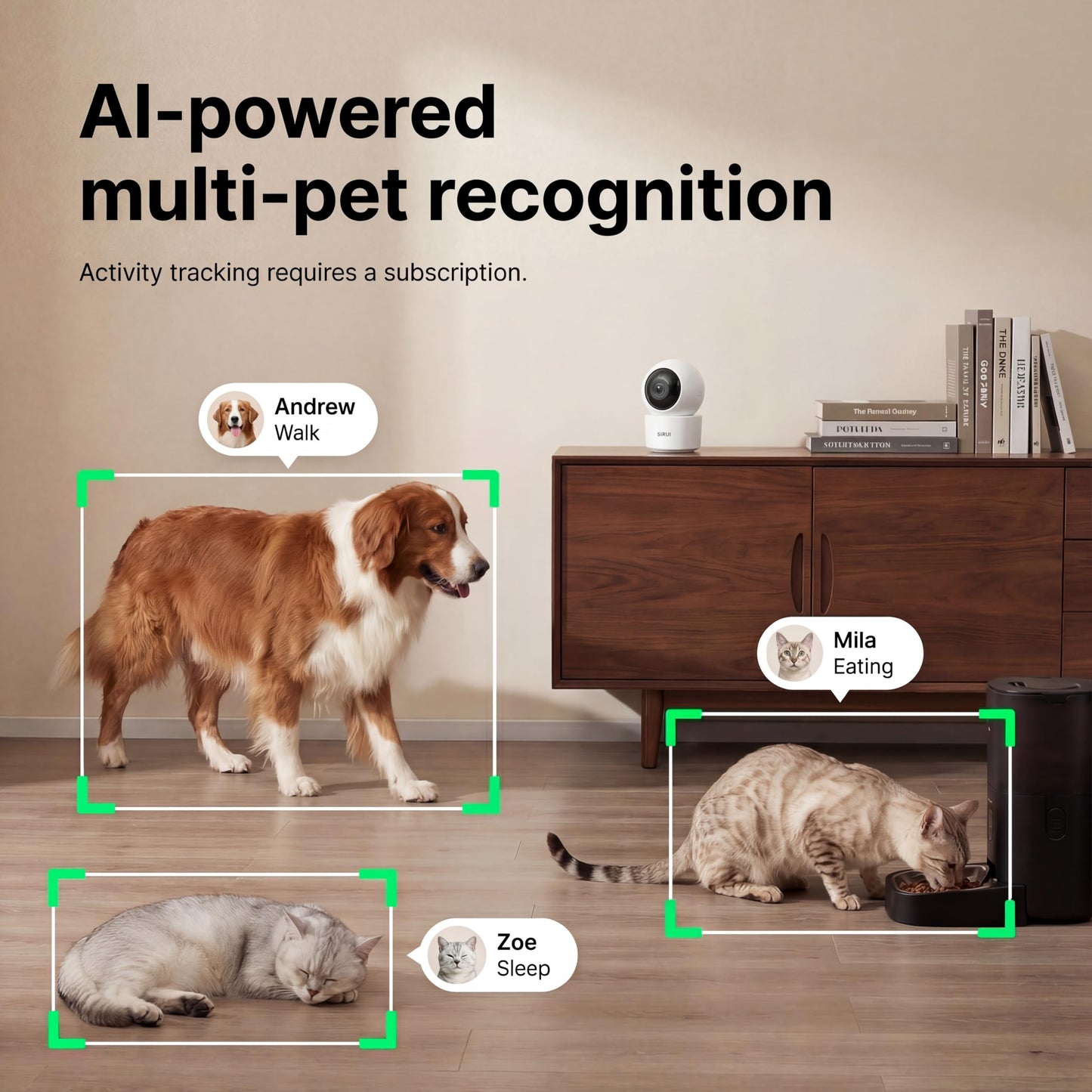 Sirwu AI Pet Camera Indoor with Phone App, Dog Camera with Speaker, Multi-Pet Recognition & AI Day Summary, 2K 3MP Cat Camera for Indoor, 360° Auto