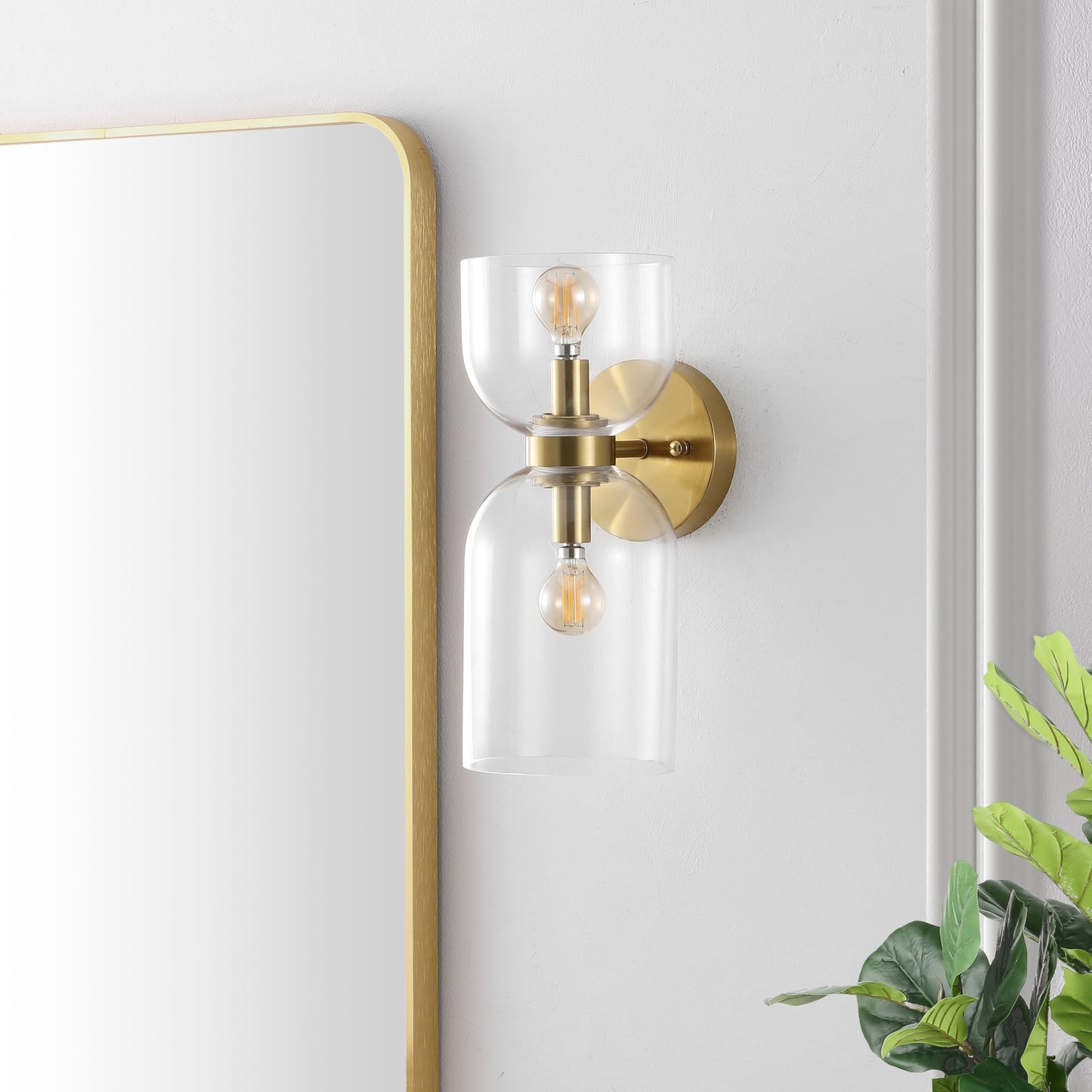 SAFAVIEH Home Collection Solyn Clear & Brass 2-Light Wall Sconce Light Fixture Set of 2 (LED Bulbs Included)