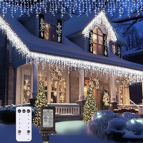 TOPPORTED Icicle Christmas Lights Outdoor,520 LED 49.2FT 8 Modes with 80 Drops Cool White Icicle Lights,Remote Control Outdoor Indoor Fairy String