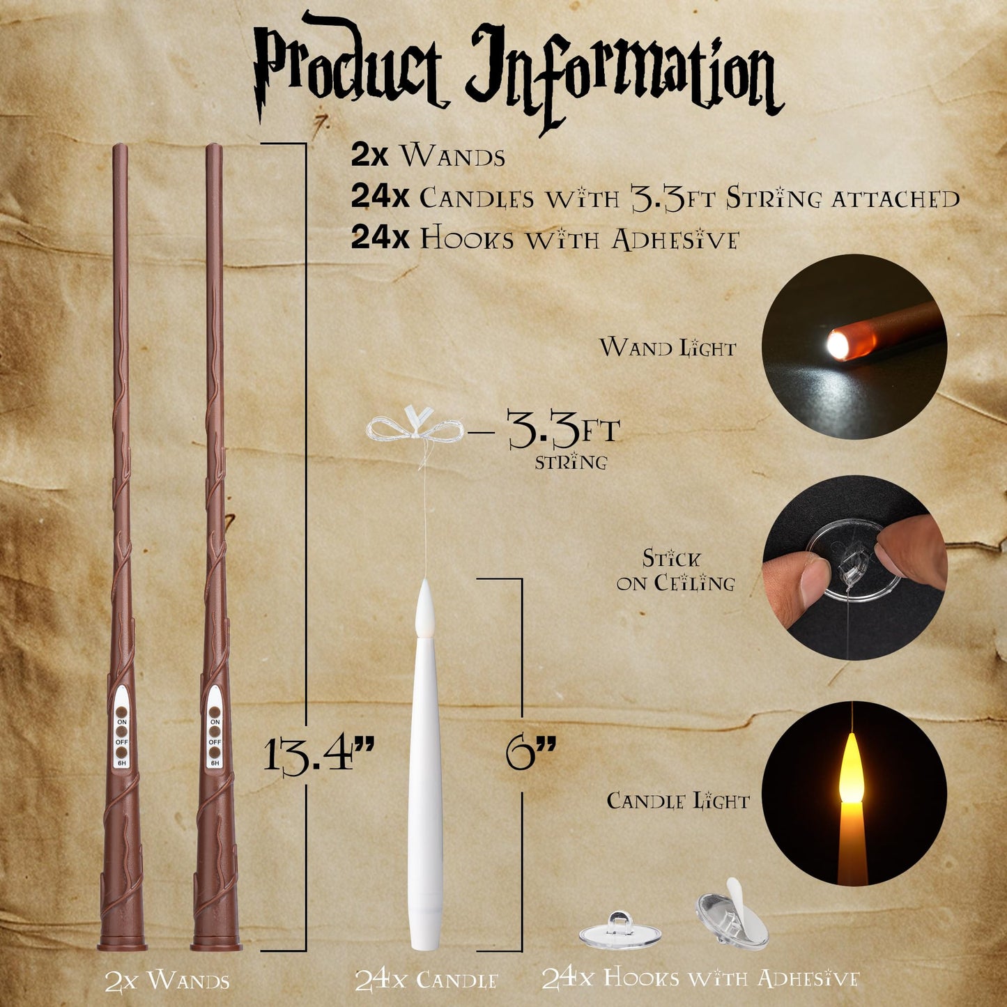 WYZworks 24pk Magical Floating LED Candle with 2 Wand Remote (6/18H Timer), 6.1" Hanging Flameless Flickering Taper Candles Battery Operated