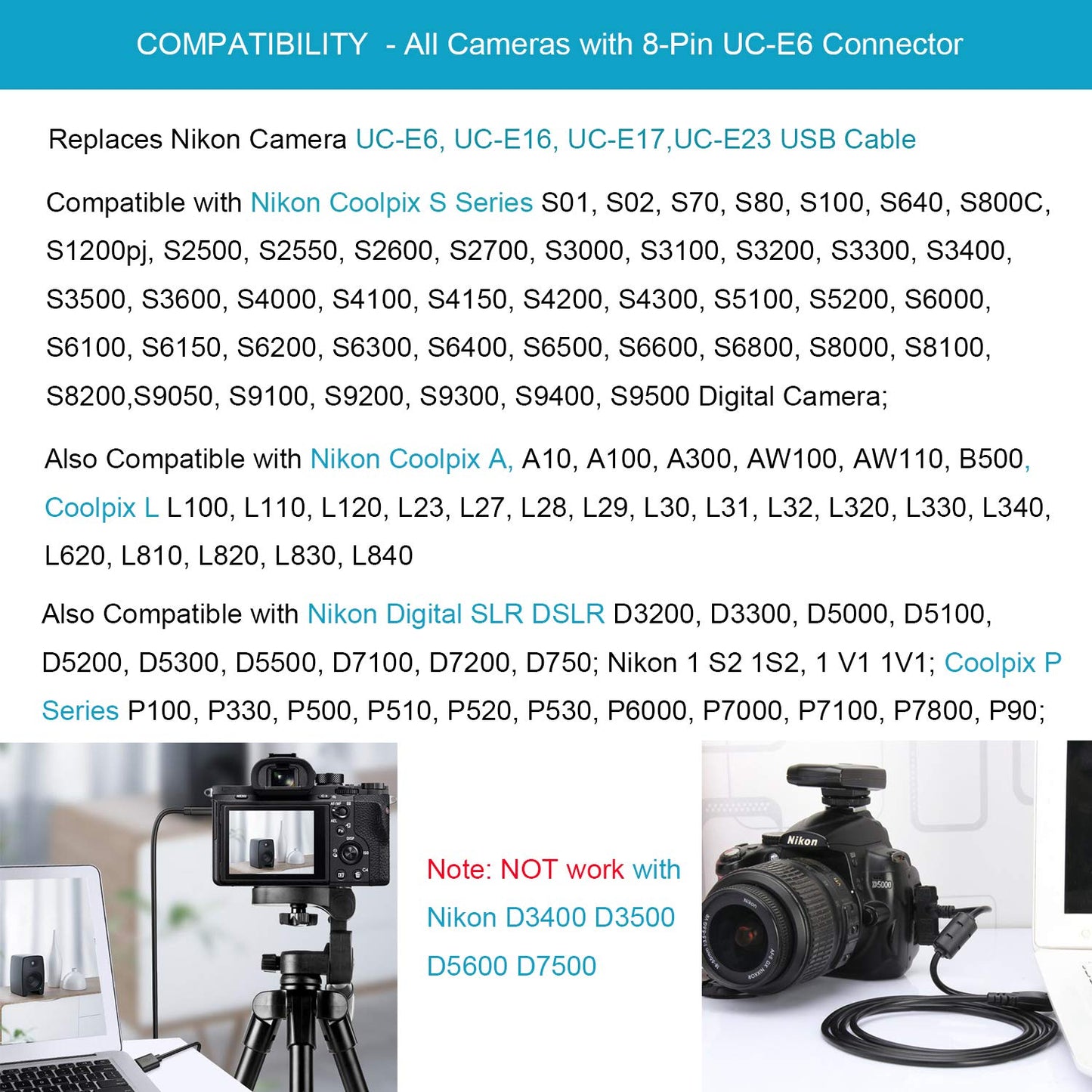 5FT Long USB PC Battery Charger + Data SYNC Cable Cord for Nikon Coolpix S4100 S2800 Camera