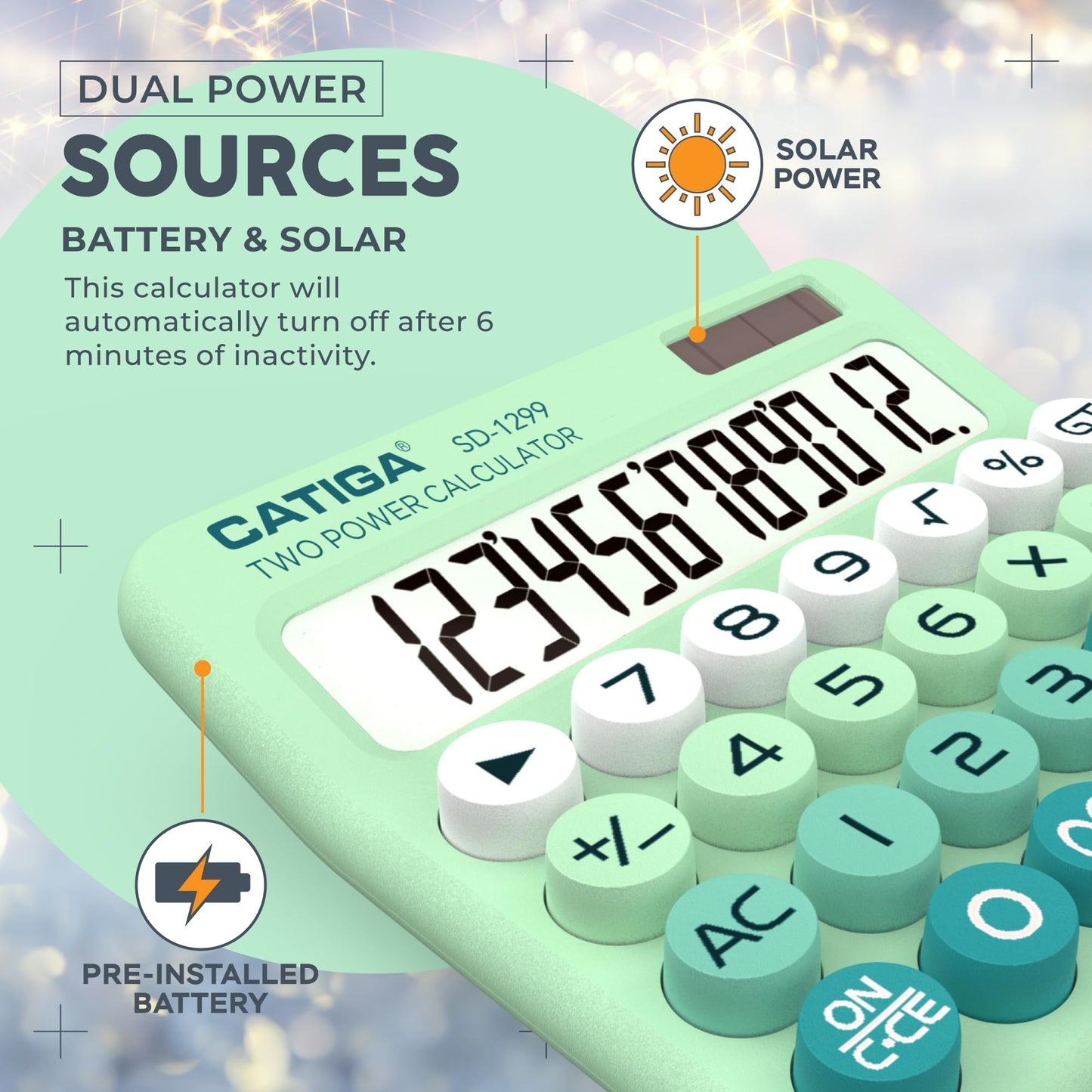 CATIGA Mechanical Switch Calculator with Solar and Battery Dual Power, 12-Digit Large LCD Display, Aesthetic and Cute Desktop Calculator with Big