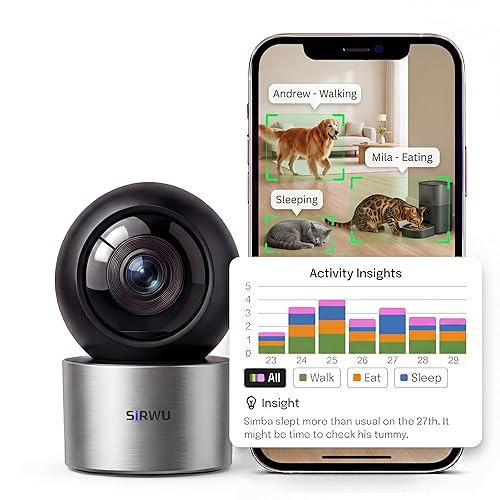 Sirwu AI Pet Camera Indoor with Phone App, Dog Camera with Speaker, Multi-Pet Recognition & AI Day Summary, 2K 3MP Cat Camera for Indoor, 360° Auto