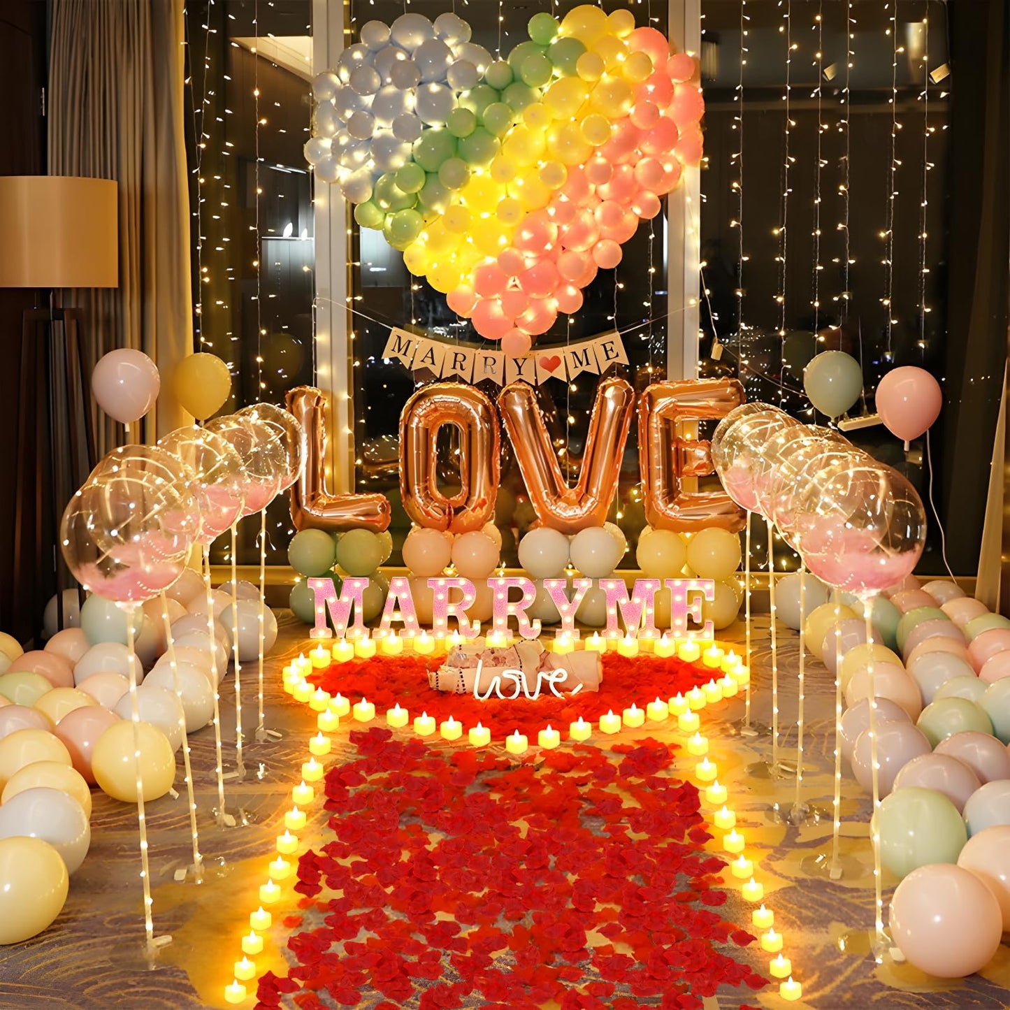 LAMATY Pink Marry Me Light Up Letters Proposal Decorations, 2031 Pcs Marry Me Sign with 24 Pcs Heart Flameless Candles 2000 Pcs Rose Petals