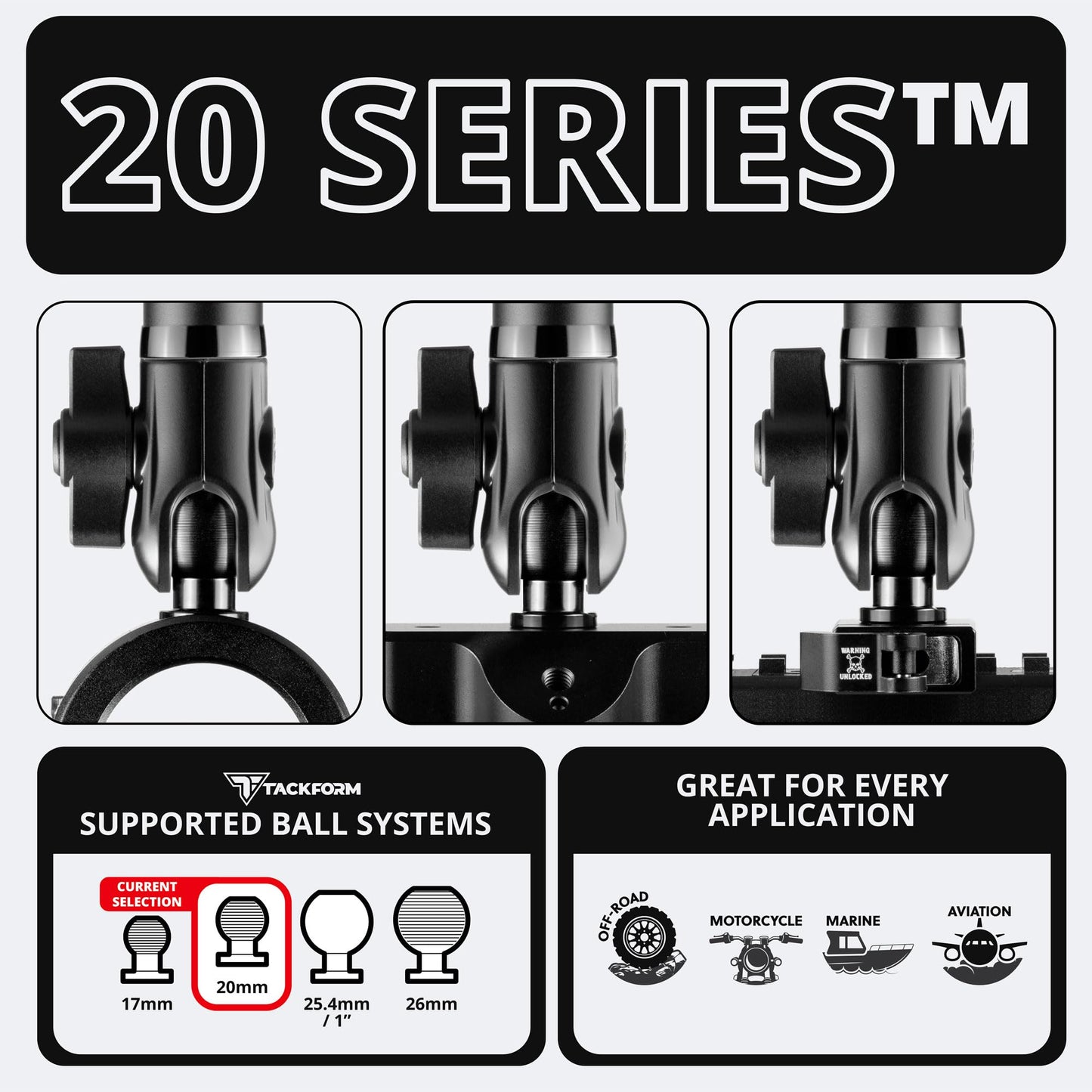 Tackform 7" Long 20mm Ball and Socket Arm DuraLock 20 Series Aluminum Tube Arm | Dual 20mm Sockets and Optional Anti-Theft Knobs | Black