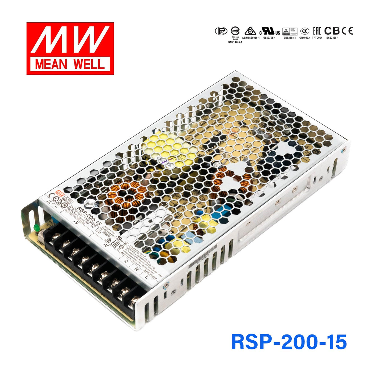 MEAN WELL RSP-200-15 AC to DC Switching Enclosed Power Supply with PFC Function, Single Output, 15 Volt, 13.4 Amp, 201 Watt