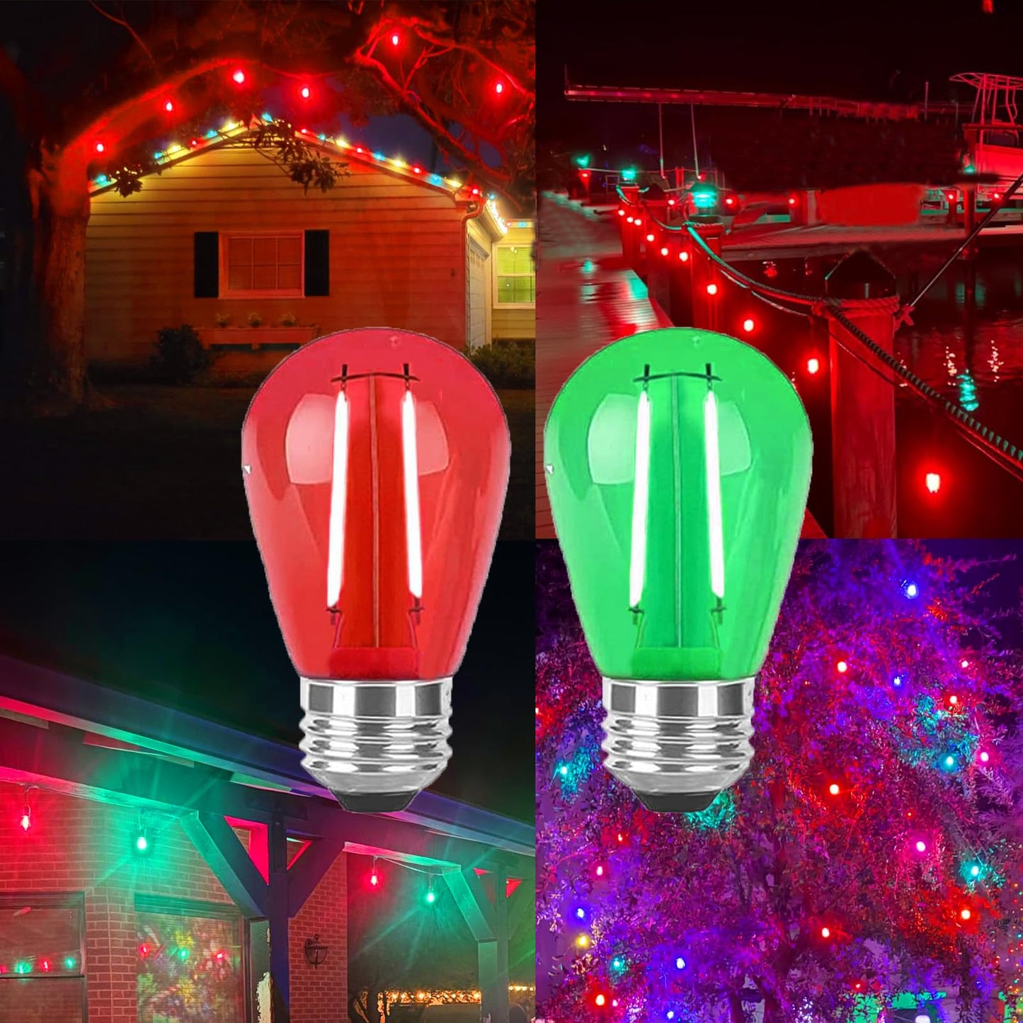 LRSUEYSKIN 24 Pack S14 Red and Green Colored LED Light Bulb 2W Christmas Replacement String Lights Bulb E26 Base Plastic Shatterproof Waterproof LED