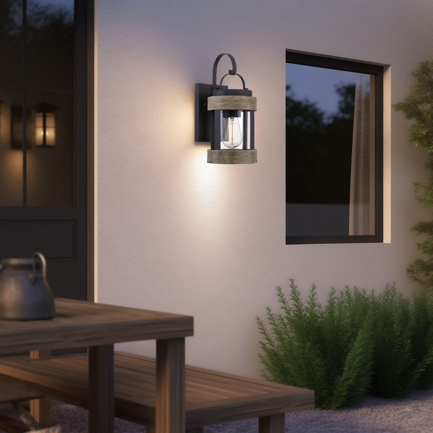 Kira Home Rochester 14" Modern Farmhouse Outdoor Wall Lantern with Clear Glass Shade, Hand-Painted Wood Grain Metal Exterior Wall Sconce, Weathered